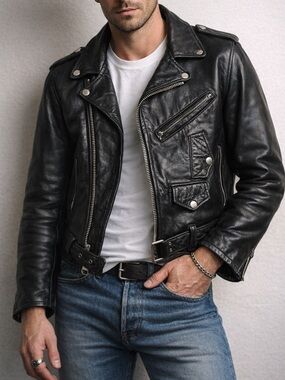 EXCELLED Vtg Black Leather Moto Jacket Zip Biker Thick Belted Classic Men’s M